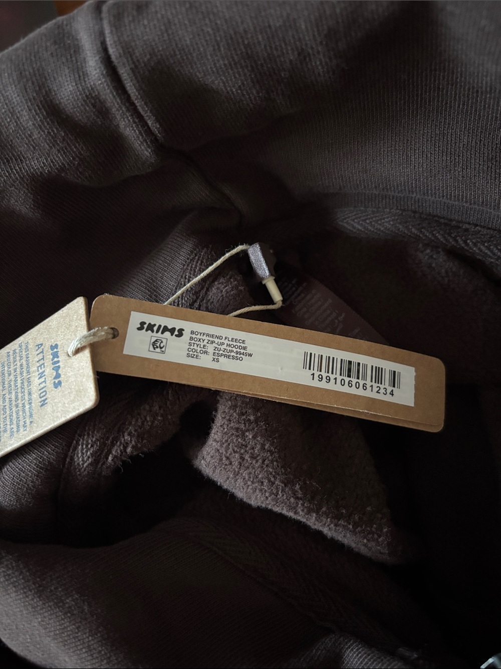SKIMS NWT Boyfriend Fleece Boxy Zip Up Hoodie - Espresso - Picture 4 of 4